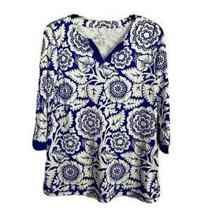 T by Talbots UPF 50+ Popover Blue White Floral Size Petites‎ MP Top